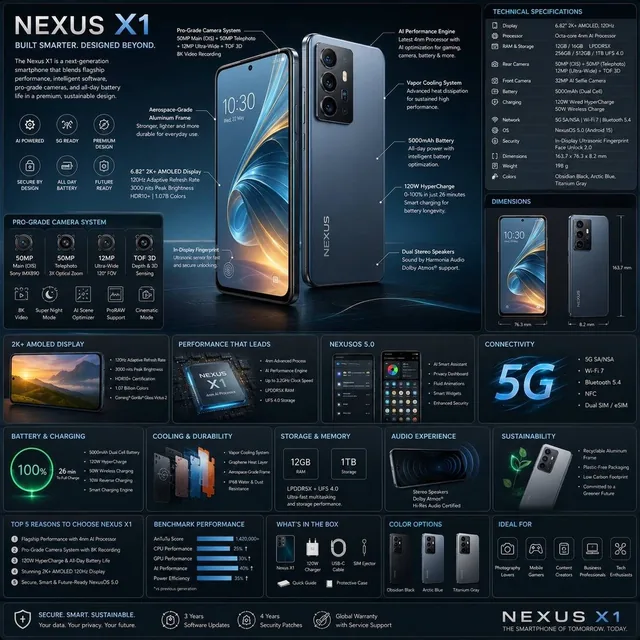 A premium square infographic featuring a futuristic flagship smartphone in three-quarter view, surrounded by engineering callouts, technical specs, camera system breakdown, display technology, processor architecture, battery charging charts, and modular information cards on a dark tech background wi