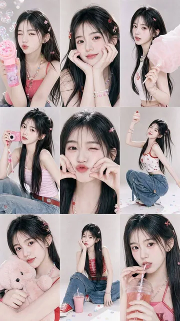 A 3x3 collage of editorial photos featuring a Y2K Korean girl in a studio setting. Each frame shows different poses, expressions, and colorful props like lollipop, soda, cotton candy, plush toy, toy camera, bubble machine, and ice cream. Soft gray-white background, bright soft lighting, subtle film