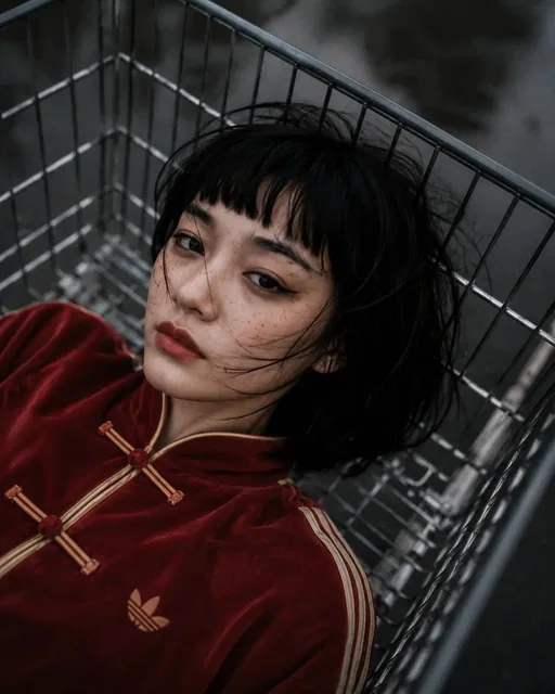 A woman sits inside a shopping trolley, viewed from a dramatic low POV angle inside the trolley looking upward toward her face. She wears an oversized reddish-red Adidas cheongsam-inspired velvet tracksuit with beige stripes and knot closures, matching track pants, and black Adidas Samba shoes. Her