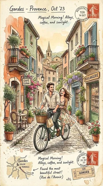 A dreamy vintage watercolor travel-journal illustration of a romantic old European alley street with cobblestones, flower-filled balconies, cozy café tables, bookstore shopfronts, hanging lanterns, bicycles, potted plants, church towers in the distance, travel stamps, postal marks, hand-drawn arrows
