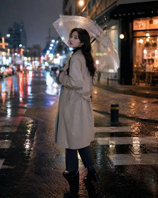 An 18-year-old Chinese beauty stands at a rainy urban street intersection at night, wearing a beige trench coat, black turtleneck, dark pants, and short boots, holding a transparent umbrella, with wet ground reflecting neon lights, looking back at the camera with a quiet, story-telling expression, b