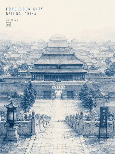 A minimalist ultra-high-resolution editorial travel poster illustration of the Great Wall of China, rendered on off-white textured sketchbook paper with subtle grain, featuring delicate ink linework and soft monochrome watercolor wash in muted indigo-blue tones, with winding stone pathway, watchtowe