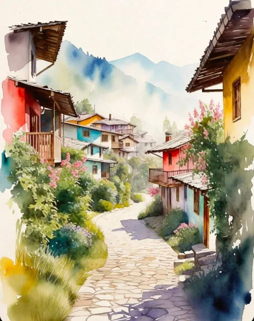 A captivating watercolor scene of a charming mountain village path at dawn, with cobblestones, colorful houses, wooden balconies, lush vines, pink and purple flowers, and prayer flags. Distant blue-hazed mountains and golden sunrise glow.