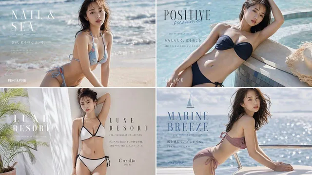 A four-panel magazine advertisement featuring a Japanese model in swimwear, showcasing different poses and styles with an S-curve silhouette, using a specific color palette, 4:3 aspect ratio.