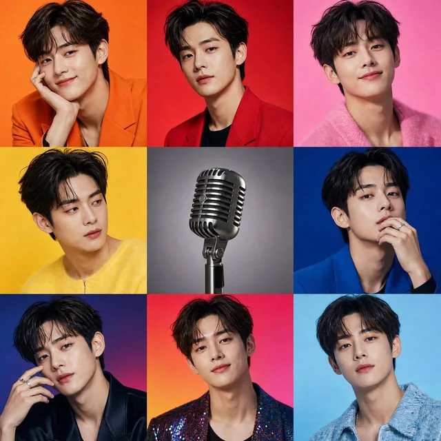 Ultra-realistic 1:1 celebrity-style collage poster with 8 square panels showing the same young stylish Korean man in different fashion looks, hairstyles, expressions, and poses against bright gradient backgrounds. Center panel has a vintage microphone on stand. No text or logos.