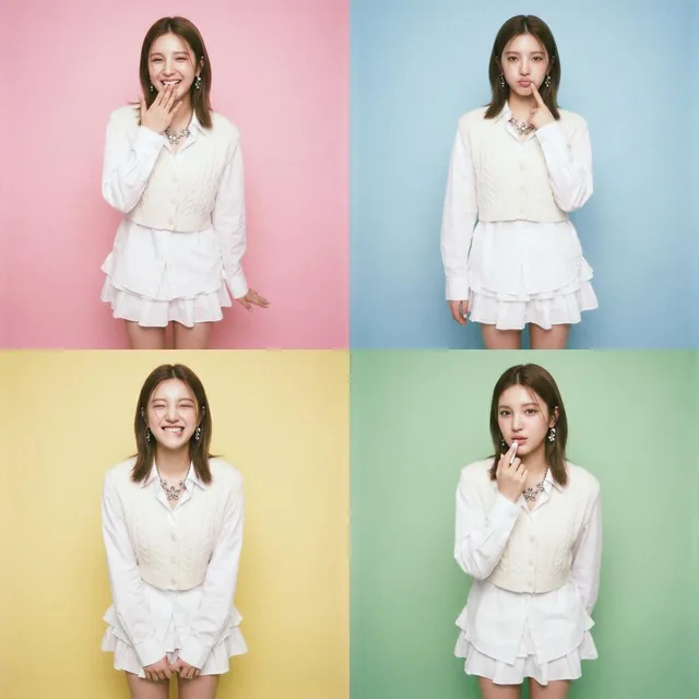 A 2x2 grid of Polaroid-style photo booth pictures of a young Asian girl in an all-white layered outfit with oversized shirt, cropped cardigan vest, pleated mini skirt, and red Mary Jane shoes, showing different affectionate poses with her lips against pastel backgrounds.