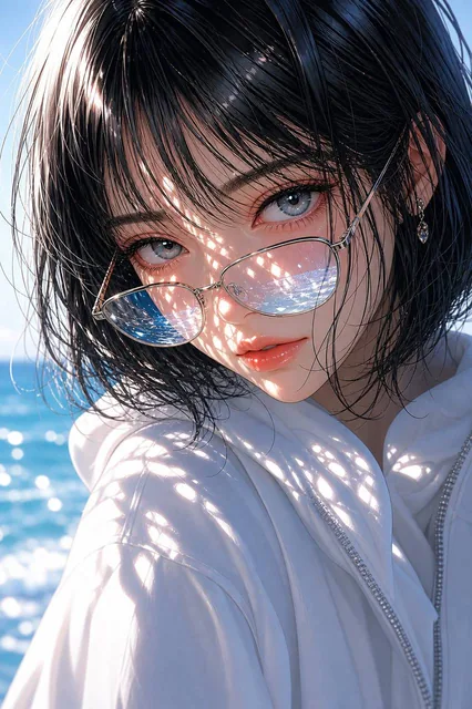 A semi-realistic anime illustration of an adult woman with a layered black bob haircut, luminous blue-gray eyes, and thin metal glasses, wearing an oversized white zip hoodie at a bright seaside afternoon with dappled sunlight and ocean reflections.