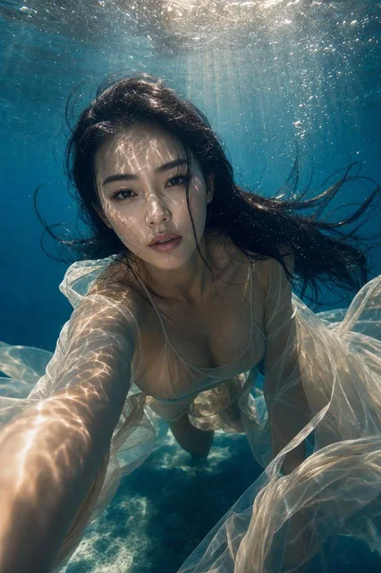A hyper-realistic cinematic underwater portrait of a Chinese beauty, face and upper body close to the lens, lower body extending into deep water, wearing transparent white gauze and nude swimsuit, wet hair floating, sunlight creating caustic patterns and bubbles.