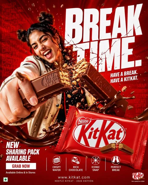 A hyper-commercial 4:5 vertical poster for KitKat chocolate bar campaign. A young Gen-Z model holds a KitKat bar mid-snap, with chocolate shards, wafer crumbs, and liquid chocolate streaks flying outward. Deep red background with texture overlays. Bold white typography 'BREAK TIME.' cracked at the s