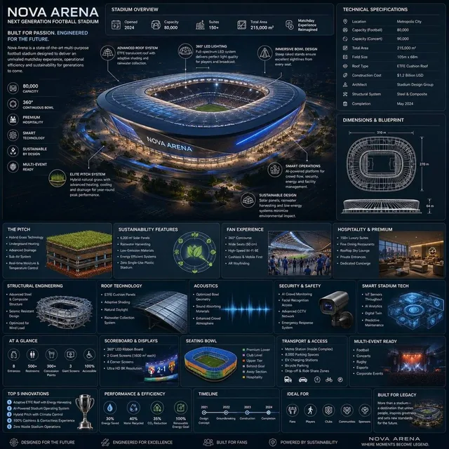 A premium square reference-style sports architecture infographic centered on a futuristic modern football stadium called {STADIUM_NAME}, designed as a beautifully curated stadium-engineering handbook page with dark premium background, blueprint textures, and detailed callouts.