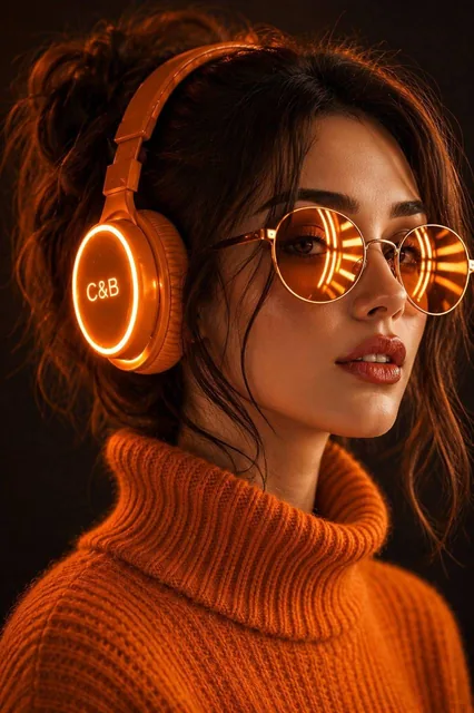 Close-up vertical portrait of a young woman with fair skin, short dark brown bob, wearing round glasses with green neon reflections and neon green headphones, illuminated by green