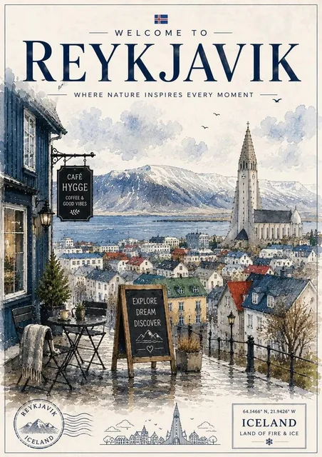 A vintage watercolor travel poster illustration featuring an elegant European cityscape with a charming café terrace in the foreground, cozy chairs and tables, iconic landmarks in the background, dreamy cloudy skies, delicate ink outlines, and classic tourism poster typography with a large bold dest