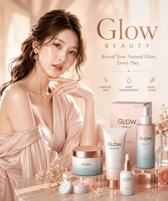 Ultra luxury skincare beauty campaign poster featuring an elegant model with glowing porcelain skin, soft makeup, glossy lips, and a loose low ponytail, wearing a silky blush pink robe, sitting gracefully at a marble table with hand under chin, warm golden morning sunlight, dreamy cinematic lighting
