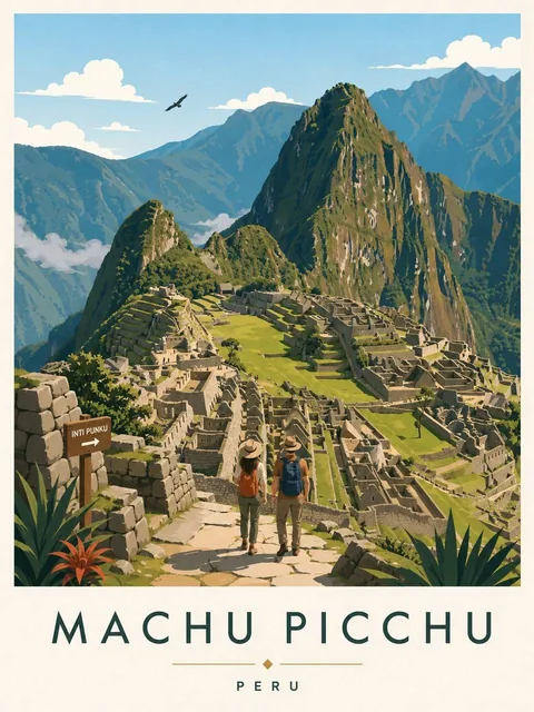 A vintage-style Iceland travel poster featuring a massive waterfall flowing into a turquoise river canyon, with a lone female traveler in yellow rain jacket admiring the landscape, snow-covered mountains, glaciers, and a small red-roofed church in the background.