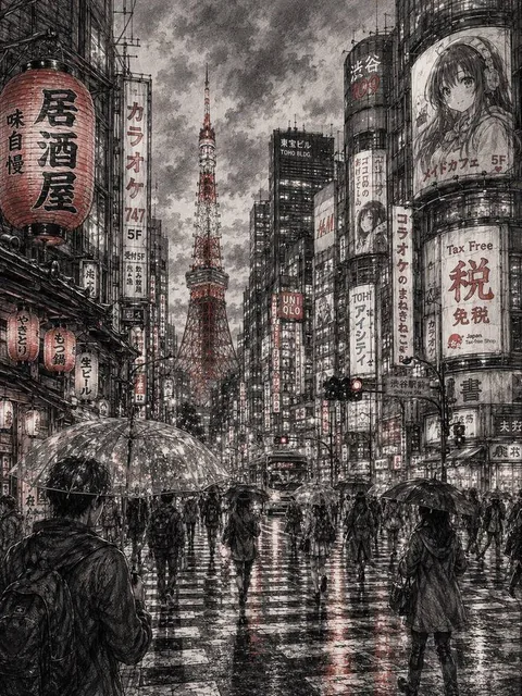 A highly detailed pencil sketch of Tokyo cityscape at dusk, featuring Tokyo Tower, narrow neon-lit streets, traditional Japanese lanterns, crowded crosswalks, anime style urban atmosphere, rain soaked roads reflecting lights, people with umbrellas walking through the streets, realistic graphite shad