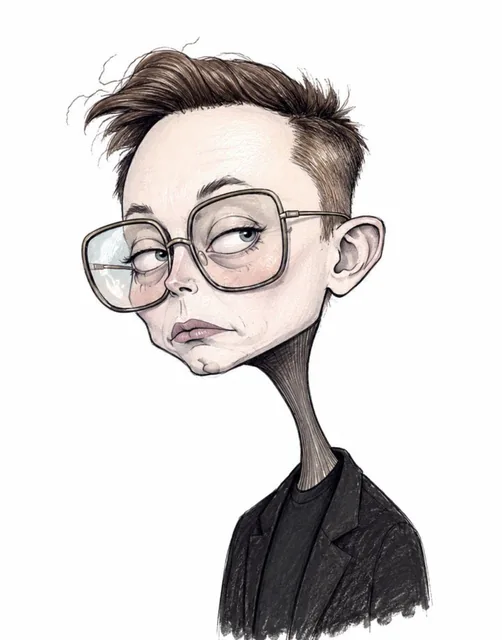 A dreamy hand-drawn editorial illustration featuring exaggerated caricature portraits of Elon Musk and Sam Altman with oversized heads, ultra-long skinny necks, huge vintage transparent glasses, sleepy eyes, soft pink lips, messy hair, and sarcastic expressions, wearing cozy oversized sweaters in be