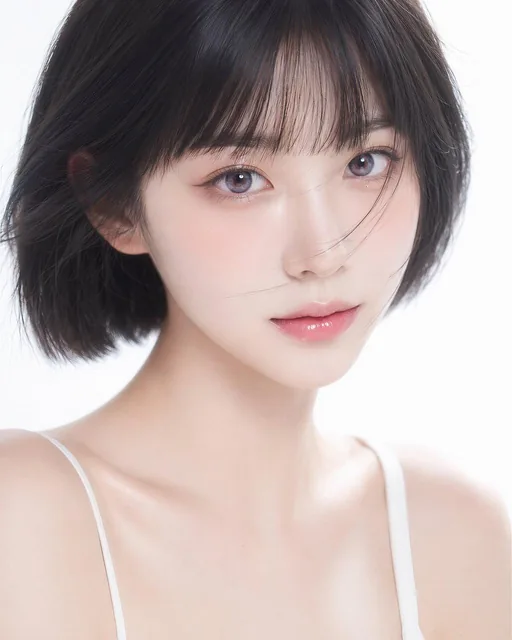 Extreme close-up beauty portrait of a young East Asian girl with black bob haircut, bright purple-gray eyes, porcelain skin, and soft pink lips against pure white seamless studio background, high-key lighting, commercial beauty photography style