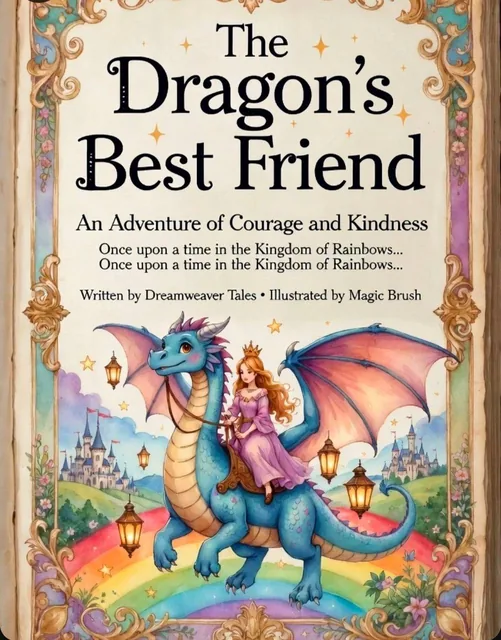 Two whimsical children's fantasy book covers: one shows a princess in purple riding a friendly blue dragon over a rainbow landscape toward a castle; the other shows a hardcover titled 'The Enchanted Forest Fairy Tale' on an open storybook with a fairy under a starry night sky above a glowing castle