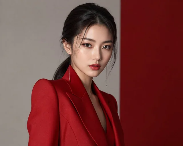 Ultra-realistic high-end Korean fashion editorial portrait of a beautiful young woman in a deep red tailored blazer suit, sleek low ponytail, silver earrings, porcelain skin, glossy lips, sharp winged eyeliner, calm confident expression, studio lighting, split gray and red background, Vogue Korea in
