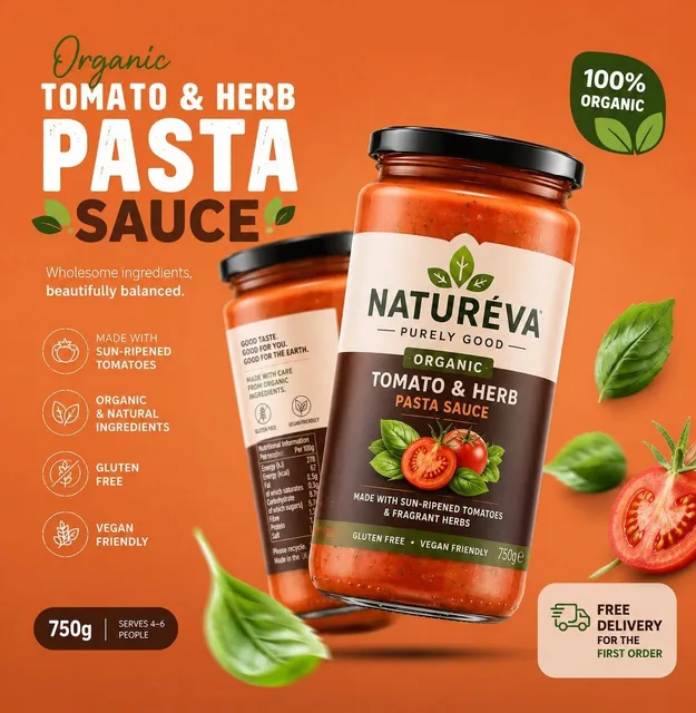 A premium modern product advertisement poster for NATURÉVA organic tomato and herb pasta sauce, featuring two realistic glass jars floating on a vibrant orange gradient background with soft lighting, basil leaves, sliced tomatoes, and luxury label design.