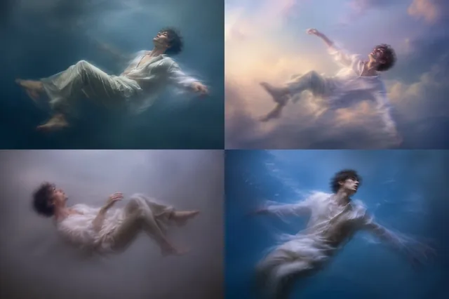 A horizontal 2x2 grid of dreamy portraits featuring a man floating in different poses with a blurry, ethereal effect, creating a surreal and soft atmosphere.