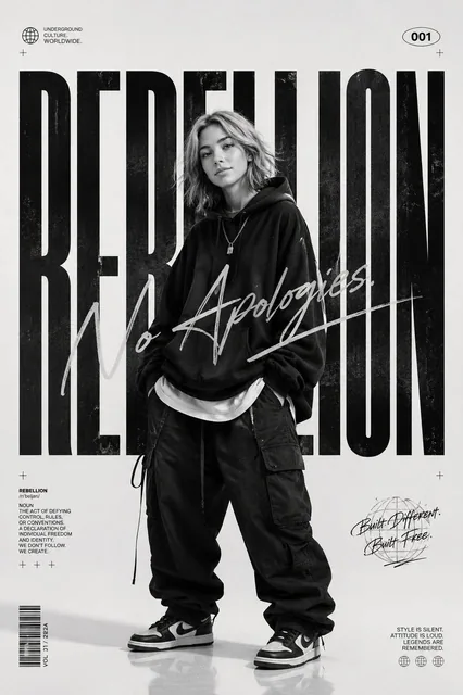 A bold monochrome streetwear editorial poster featuring a person in oversized urban fashion, relaxed stance with hands in pockets, layered baggy clothing and sneakers, with giant condensed typography behind the subject and handwritten signature-style script overlay on a minimalist white studio backg