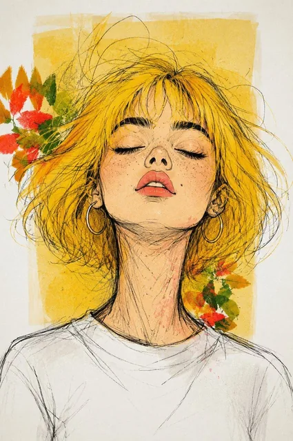 Expressive fashion sketch portrait of a young woman with bright yellow hair, closed eyes, and bold lips, drawn with chaotic pencil lines and ink strokes on a watercolor background.