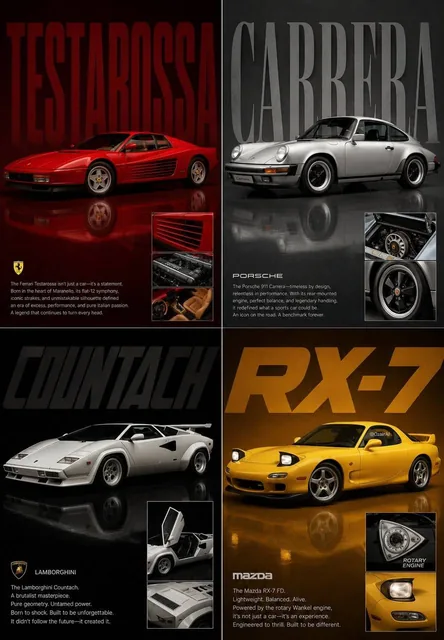 A high-quality editorial automotive poster with a 2x2 grid layout featuring four iconic cars: Toyota Corolla AE86 in cobalt blue, Volkswagen Beetle in golden yellow, Honda Civic Type R in championship red, and classic Mini Cooper in burnt orange, each with bold typographic names and detail insets, m