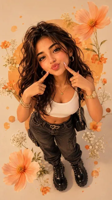 A cute chibi character in Pixar style, wearing a white crop top, black cargo jeans, combat boots, gold jewelry, and a black bag, with flowers and orange circles on a beige background, wallpaper format 9:16.