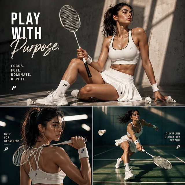 Ultra-premium badminton editorial poster collage featuring a powerful female athlete in a luxury sports campaign. Top panel shows her seated confidently on court with racket, bottom left is a back-angle beauty portrait, bottom right captures a dynamic lunge action. Warm-beige and deep emerald palett