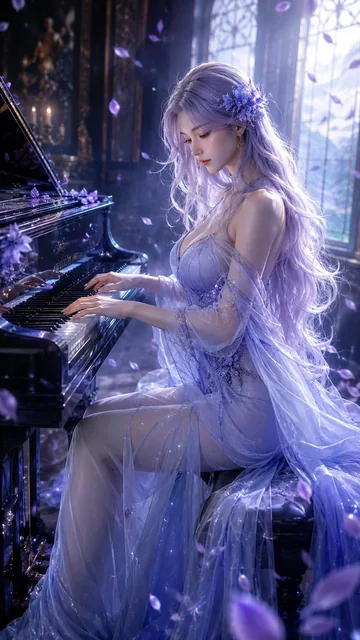 An elegant Eastern fantasy woman with silver-lavender hair plays a black grand piano in a dim classical music room, surrounded by falling purple petals and soft morning light.