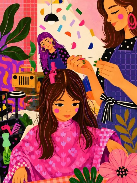 A colorful, dreamy digital illustration of a cozy ramen cafe interior with a person eating ramen, featuring neon colors, plants, and retro decor in a modern cartoon aesthetic.