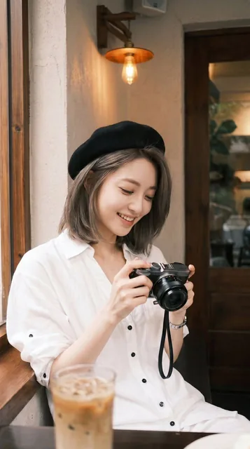 A realistic lifestyle portrait of a woman with ash-brown short bob hair sitting beside a cafe window, wearing a black beret and white shirt, looking down at a compact mirrorless camera with a gentle smile, vintage cozy interior with warm lighting, film grain and shallow depth of field.