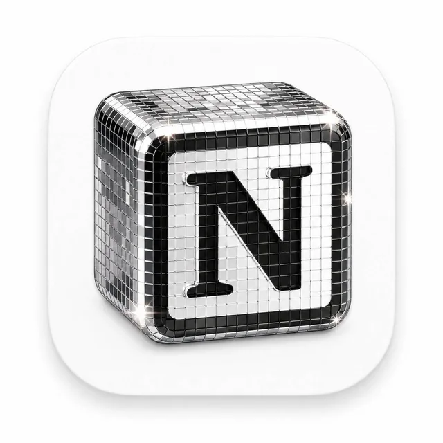 A premium 3D app icon for a product, featuring a rounded square tile with glossy glass and chrome material, disco-ball mosaic mirror tiles, sparkling highlights, soft studio lighting, clean minimal background, high-end icon style, Blender 3D render, ultra detailed.