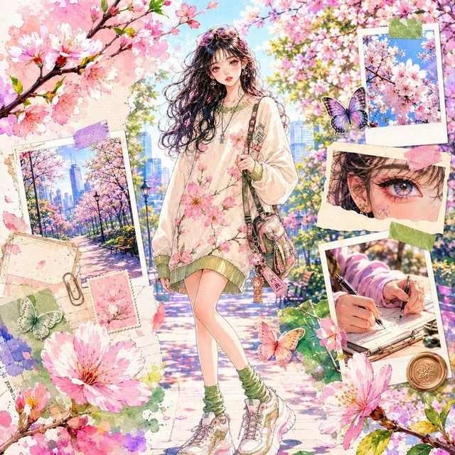 A premium vertical fashion collage poster in dreamy Korean-Japanese watercolor illustration style, featuring a full-body anime-inspired college girl with long black wavy hair, oversized sweater dress with sakura print, surrounded by scrapbook elements like torn paper, polaroid frames, cherry blossom