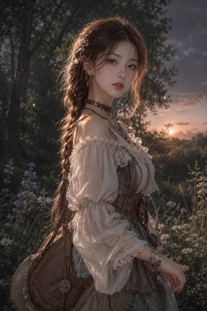 A semi-realistic anime style young Korean woman in her 20s based on the uploaded image, with long braided hair, flowing peasant dress, layered necklaces and bracelets, leather satchel, standing in a forest clearing at dusk surrounded by wildflowers and trees, soft mystical earthly lighting, hyper-re