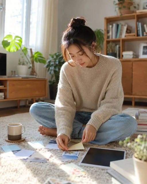 An 18-year-old Chinese beauty sits barefoot on a carpet in a bright apartment living room, wearing a beige loose sweater and light blue jeans, organizing inspiration notes with a book, tablet, and tea beside her, relaxed and focused expression, sunlight streaming through large windows, plants and wo