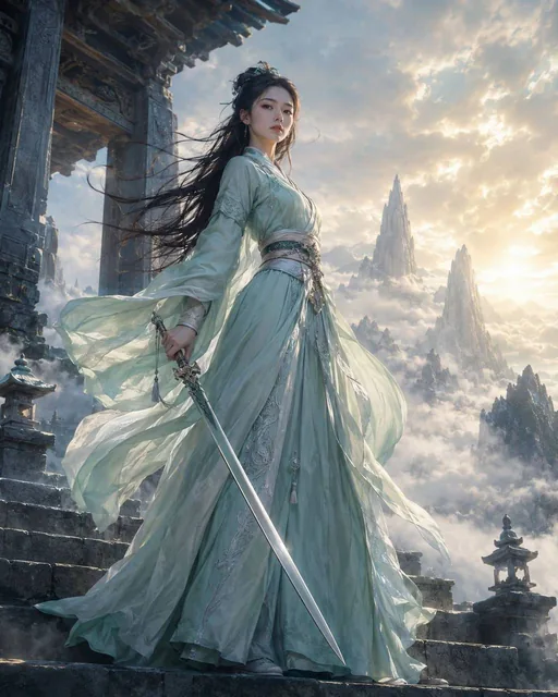 A young 18-year-old Chinese female xianxia sword cultivator in white robe and silver belt, black hair blown by mountain wind, standing on stone steps before a sea of clouds at a mountain gate, sword half-drawn, distant peaks like swords, morning mist and golden sunlight through clouds, calm and nobl