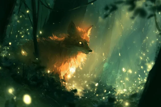 A lush enchanted firefly forest with twinkling insects and dappled light filtering through trees, magical lens flare effects enhancing the wonder of the scene.