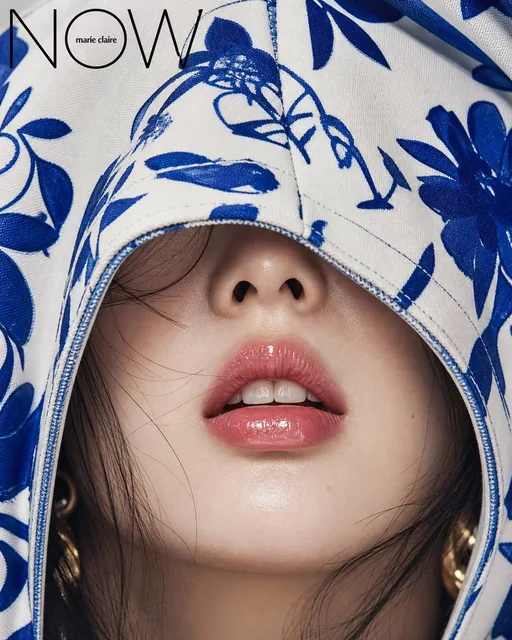 A close-up editorial beauty portrait of a young East Asian female model with a white fabric hood draped over her head, featuring bold cobalt blue botanical prints, glossy rose-pink lips, and a mysterious expression.