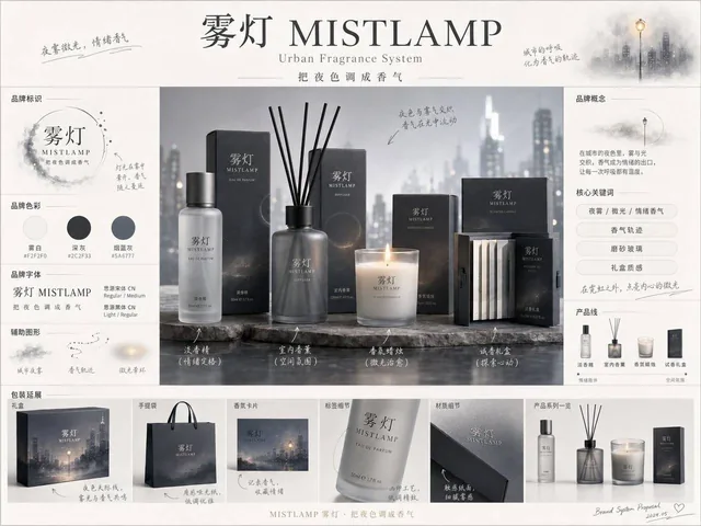 A high-fidelity brand concept proposal board featuring a central product packaging mockup, logo and color palette display, auxiliary graphics, and extended brand materials like shopping bags and cards, with hand-drawn annotations and a clean, editorial layout.