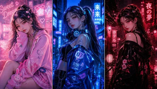 A three-panel anime fashion collage featuring three K-pop inspired girls in neon color themes: pink dream, blue cyber, and red midnight, with cinematic lighting and streetwear style.