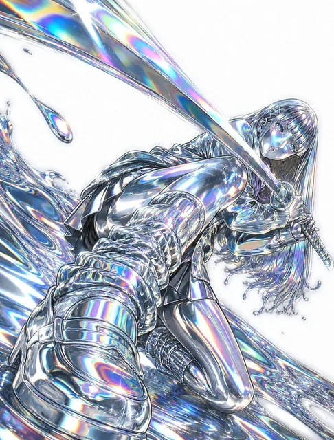 An illustration transformed into liquid chrome and holographic material style, with perfect mirror-like reflections, rainbow iridescent hologram effects that change with angle, and smooth liquid metal flowing texture covering the entire body, intense metallic luster and distorted reflections creatin