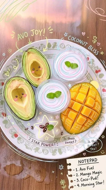 Top-down aesthetic photography of a main subject or food arranged on a plate or tray over a warm table or surface. Includes cute kawaii or chibi faces, pastel handwritten doodle labels, whimsical decorations like stars, hearts, sparkles, flowers, and swirls. Small props like bowls, drinks, desserts,