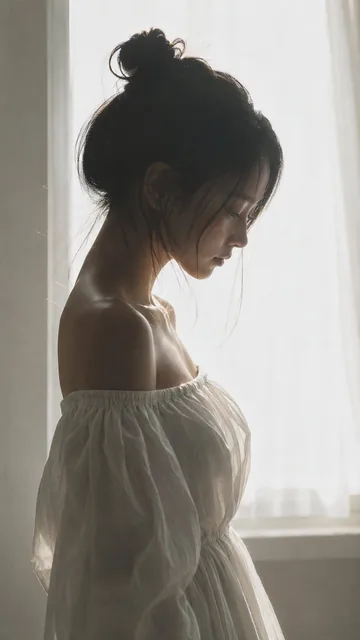 A photorealistic cinematic portrait of a young East Asian woman in half-body side profile by a bright window, with soft backlight, natural skin texture, and film grain.