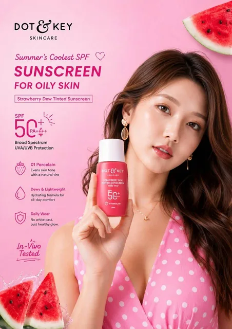 Ultra realistic luxury skincare advertisement poster for a Korean beauty sunscreen brand, featuring a beautiful girl with long glossy wavy dark brown hair, glowing glass skin, holding a pink sunscreen bottle, with bold typography and floating watermelon slices.