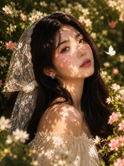 A close-up portrait of a gorgeous East Asian woman in a white lace headwrap and off-shoulder dress, surrounded by white jasmine and roses, with golden hour dapple sunlight, leaf shadows, and a white butterfly near her hand.