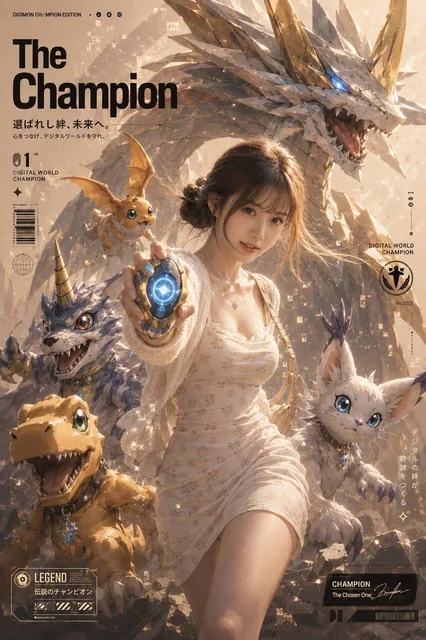 A cinematic anime fantasy poster featuring a young East Asian girl holding a glowing digital crest, with a giant crystal dragon guardian behind her and cute digital monster companions around, warm golden backlight, floating data particles, epic adventure atmosphere.