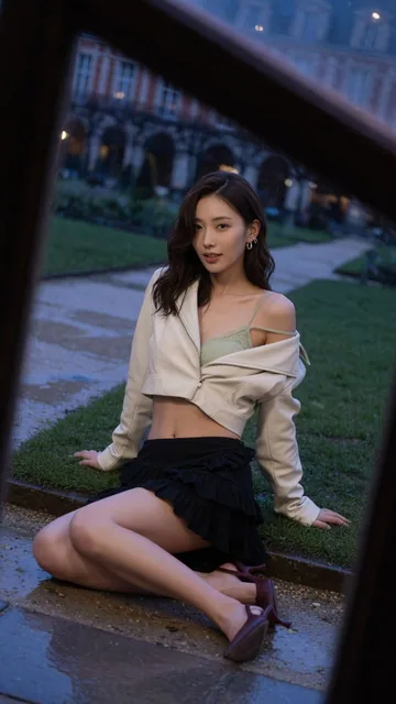 A seductive stunning 20-year-old Japanese or Korean woman with a tall slim elegant hourglass figure, seated on the lawn edge of Place des Vosges in Paris at night, wearing an off-white cropped leather jacket, light green lace bra top, black ruffled mini skirt, and burgundy kitten heels, looking dire