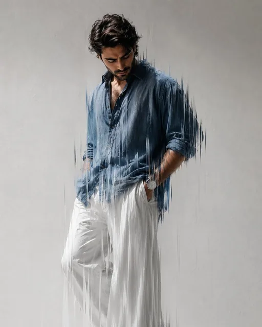 A stylish young man in a dynamic pose, looking down, wearing an oversized blue shirt and loose white pants, with dramatic lighting, motion blur dripping effect, and glitch smear effect on a solid bright white background.